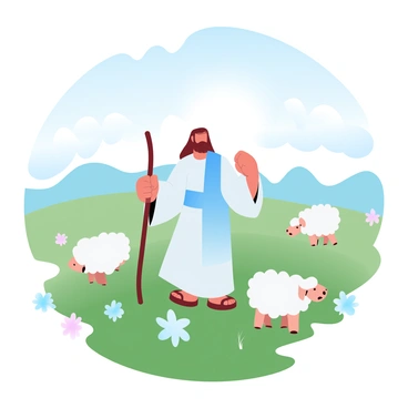 A figure of "Jesus as a shepherd" stands in a sunlit field, wearing simple robes and holding a wooden staff. Surrounding him are several "sheep" grazing on the lush green grass. The field is filled with wildflowers in various pastel shades, scattered throughout the landscape. In the background, gentle hills curve softly under a clear blue sky, adorned with wisps of white clouds. The sun casts a warm glow over the scene, enhancing the serene atmosphere of the pastoral setting.