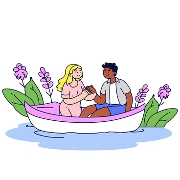 A vintage boat gently floats on calm water. A couple sits together on the boat, their bodies slightly leaning towards each other. The woman has long, flowing hair and wears a light summer dress, while the man is dressed in a linen shirt and shorts. They hold hands, gazing into each other's eyes with warm smiles on their faces. Surrounding them are delicate wildflowers and lush green foliage that frame the scene. The sunlight casts soft reflections on the water, creating a peaceful atmosphere.