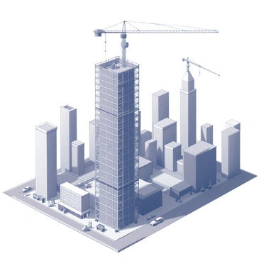 A helicopter view of a skyscraper under construction in a modern city. The skyscraper is framed by a grid of scaffolding and cranes, showing various stages of its assembly. Surrounding buildings include other tall structures, some with reflective glass facades. The cityscape is dotted with urban elements like streets and vehicles, while the construction site is marked with construction materials and workers in safety gear. The skyline features a mix of architectural styles, contributing to the dynamic environment of a bustling metropolis.