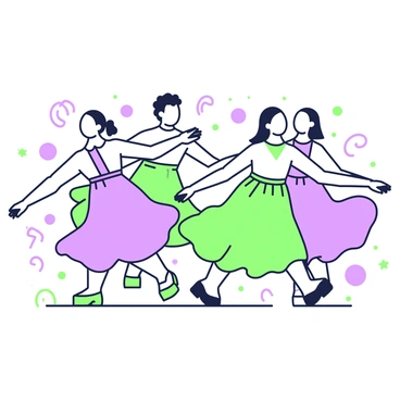 A group of dancers is positioned in a dynamic formation, creating a sense of movement. Each dancer is captured mid-action, with limbs extended and expressions of focus and joy. The dancers wear flowing garments that seem to flutter around them as they spin. The ground beneath them is slightly distorted, suggesting the presence of a whirlwind effect. Surrounding the dancers, there are swirling patterns that accentuate their movements, adding to the overall sense of energy in the scene. In the background, faint outlines of abstract shapes enhance the feeling of motion and vitality.