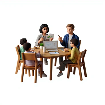 A family of four is gathered around a wooden kitchen table in a cozy home. The father, with short brown hair and wearing a blue plaid shirt, is holding a pen and pointing at a notepad filled with figures. The mother, with long black hair tied back in a ponytail, is sitting across from him, looking thoughtfully at a laptop that displays a graph. Two children, a boy with curly hair and a girl with straight hair, are seated on either side of the table, both engaged in the discussion, with the boy holding a calculator. The table is cluttered with papers, a mug of coffee, and a small potted plant, adding warmth to the scene. The atmosphere is focused and collaborative.