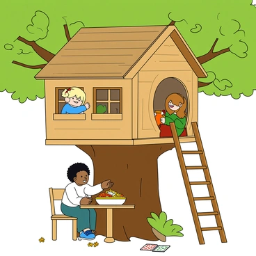 A group of three children with diverse backgrounds is playing inside a wooden treehouse nestled high among the branches of a large tree. The treehouse is built from light brown wood, featuring small windows and a sturdy wooden ladder leading up to it. One child, a boy with curly black hair, is sitting at a small table, excitedly reaching for a colorful bowl filled with assorted snacks like gummy bears and popcorn. Another child, a girl with long blonde hair in pigtails, is peeking out of a window, her face lit up with joy. The third child, a girl with short brown hair, is playing with a deck of cards spread out on the floor. Sunlight filters through the vibrant green leaves surrounding the treehouse, casting playful shadows inside. A gentle breeze makes the leaves rustle softly, adding to the cheerful atmosphere of the scene.