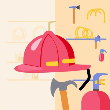 A bright red firefighter's helmet hanging on a wooden hook inside a fire station. The helmet has a shiny finish and a yellow reflective stripe around the brim. In the background, there are various pieces of firefighting equipment, including a large fire hose coiled neatly, an axe with a wooden handle, and a fire extinguisher with a bright red body. The walls of the fire station are painted a warm beige, and there are shelves filled with gear and tools, creating a busy yet organized atmosphere.