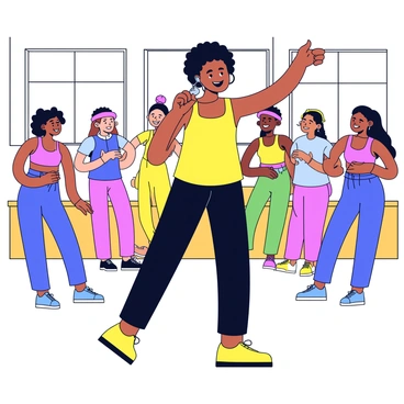 A lively aerobics instructor wearing a bright yellow tank top and black leggings. The instructor has short, curly hair and a big smile, demonstrating an energetic pose. They are holding a headset microphone, actively engaging with a group of participants. The class consists of diverse individuals in colorful workout gear, all following the instructor's movements. The background features a simple gym setting with wooden floors and large windows letting in natural light.