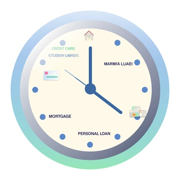 A large, round clock with a polished silver frame is displayed prominently. The clock face is divided into several sections, each one labeled with a different type of debt, such as "Credit Card," "Student Loan," "Mortgage," and "Personal Loan." The clock hands are intricately designed, with the hour hand pointing at "Mortgage" and the minute hand moving towards "Credit Card." Each hand is adorned with specific icons; for example, the hour hand features a small house, while the minute hand has a credit card symbol. The background is a soft gradient, transitioning from light blue at the top to a gentle green at the bottom. The overall composition is clear and informative, illustrating the concept of debt in a visually engaging manner.