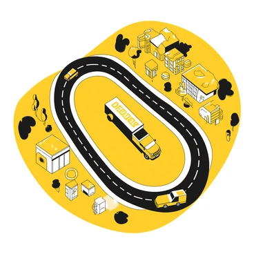 A satellite view of a road network with a visible route marked in yellow. The route includes multiple curves and intersections, showcasing various terrains such as urban areas and open spaces. There is a yellow delivery vehicle depicted on the route, with a delivery logo clearly visible on the side of the vehicle. Surrounding the roads are patches of greenery, residential buildings, and commercial establishments, providing context to the landscape.