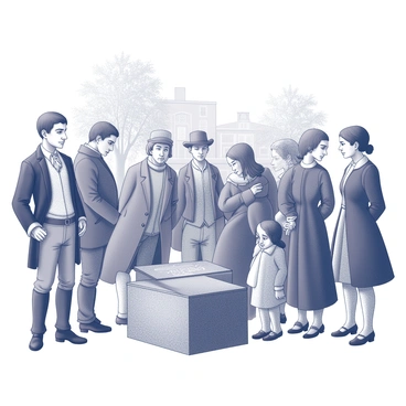 A group of individuals stands together at the historic site of the Boston Massacre. Their faces are marked with somber expressions, reflecting the gravity of the event. Some people are looking down, while others gaze at a memorial or historical marker. The crowd consists of both men and women, dressed in period-appropriate clothing typical of the 18th century. The scene captures a moment of quiet reflection as they honor the memory of those who lost their lives. Trees and buildings from the era are visible in the background, further setting the historical context.