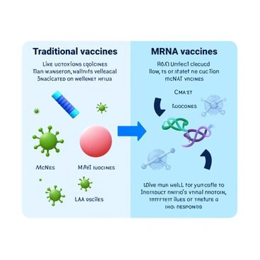 A chart displaying the differences between "traditional vaccines" and "mRNA vaccines." The left side of the chart features "traditional vaccines" with illustrations of the vaccine components like inactivated or weakened viruses. The right side features "mRNA vaccines," showcasing an illustration of mRNA molecules and a depiction of how they instruct cells to produce a viral protein. Each section includes labeled arrows to indicate key differences in how each type functions in the immune response.