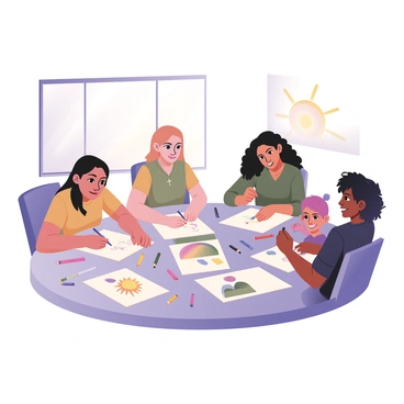 A digital flat illustration depicting a group of participants engaged in an art therapy session. There are four individuals seated around a large circular table covered with various art supplies, including colored pencils, markers, and sheets of paper. One participant on the left has light skin and is drawing a flower with yellow and pink petals, looking focused. The second participant, who has medium skin and curly black hair, is creating a simple landscape with blue skies and green hills. The third participant on the right has dark skin and is sketching a colorful abstract design, smiling as they work. The fourth participant, a child with light brown skin and straight hair, is happily coloring a picture of a sun. Bright sunlight streams in through a nearby window, illuminating the scene. Each individual shows a unique expression of creativity and joy through their illustrations.