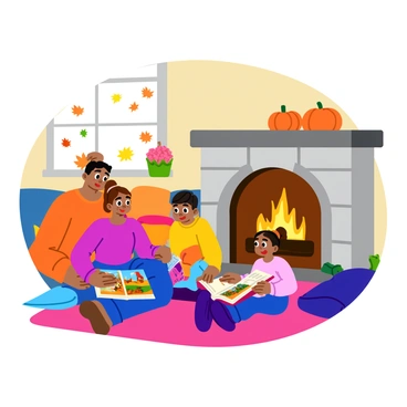A cozy living room scene featuring parents sitting on a plush rug in front of a warm fireplace. The fireplace has crackling flames and is surrounded by a stone mantel adorned with small pumpkins and autumn leaves. The parents are smiling as they read from a colorful book with autumn-themed illustrations. Their children are sitting beside them, eagerly listening with wide eyes. The room is softly lit, with shadows dancing on the walls, and there are cushions and blankets scattered around, adding to the cozy atmosphere. Outside the window, colorful fall leaves are visible, hinting at the autumn season.