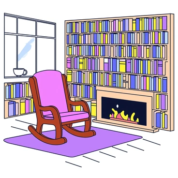 A classic rocking chair made of polished wood with curved rockers and a high backrest. The chair is positioned in front of a grand fireplace, surrounded by towering shelves filled with colorful books. Each shelf is packed tightly with books of various sizes and colors, creating a rich texture. A soft rug is placed under the chair, and a small side table next to it holds a steaming cup of tea. The library has large windows that allow warm sunlight to filter in, casting gentle shadows on the wooden floor.
