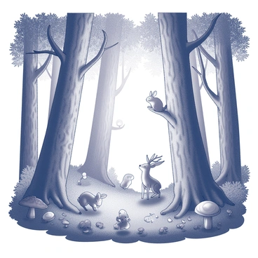 A dense forest filled with towering trees. The trees have intricate bark patterns and unique shapes. Some of the trees are emitting a soft, gentle light, illuminating the surroundings. Various woodland creatures are present, including a small deer with delicate antlers, a curious rabbit with long ears, and a squirrel perched on a branch. The ground is covered in lush foliage and mushrooms, creating a vibrant and lively environment.
