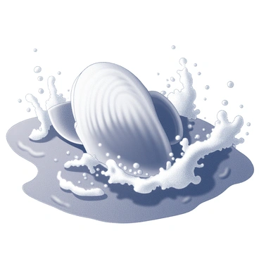 A conch shell resting on the surface of choppy water. The water is filled with vigorous, swirling waves, creating a sense of movement. The shell is partially submerged, with droplets of water splashing around it. Surrounding the shell, the waves rise and fall dramatically, and the foamy white edges of the water contrast with the dark, turbulent depths. The scene conveys the power of nature in a storm at sea.