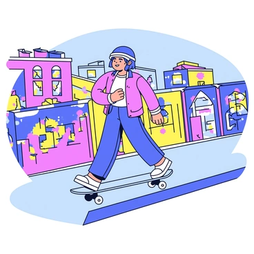 A longboarder gliding smoothly on a wide sidewalk, with a colorful street art district in the background. The murals on the walls are filled with bright hues, showcasing intricate designs and bold patterns. The longboarder is wearing a casual outfit with a helmet and protective gear. The sunlight casts soft shadows on the pavement, enhancing the vividness of the street art surrounding the scene.