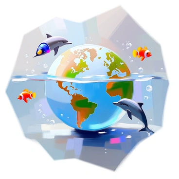 A globe positioned at an angle, with its lower half partially submerged in clear blue water. The visible landmasses are in vibrant green and brown hues, depicting continents. Surrounding the globe, several colorful sea creatures are swimming; there is a bright orange clownfish, a graceful blue tang, and a sleek silver dolphin. The water is sparkling with light reflections, and small bubbles rise around the globe. The scene captures the interaction between the terrestrial and aquatic environments.