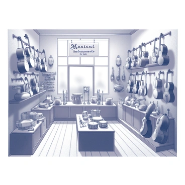 A shop interior filled with a diverse range of musical instruments. The walls are lined with string instruments, including violins and guitars, displayed elegantly on hooks. Shelves hold an assortment of wind instruments, such as flutes and trumpets, arranged neatly for easy viewing. On a central display table, percussion instruments like drums and tambourines are showcased. The floor is made of polished wood, and natural light filters in through large windows, creating a welcoming atmosphere. "Musical Instruments for Sale" is written in a decorative font on a sign above the entrance.
