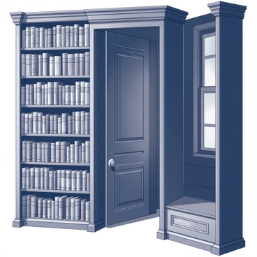 An old mansion filled with an air of mystery. In the center of a dimly lit room stands a tall bookshelf filled with dusty, leather-bound books. The bookshelf has a rich texture, with intricate carvings along the edges. Among the books, there is a subtle outline of a door that is almost hidden from view. The door appears weathered and worn, blending seamlessly with the surrounding bookshelves. Dim light filters in from a nearby window, casting shadows that accentuate the secretive nature of the door. 