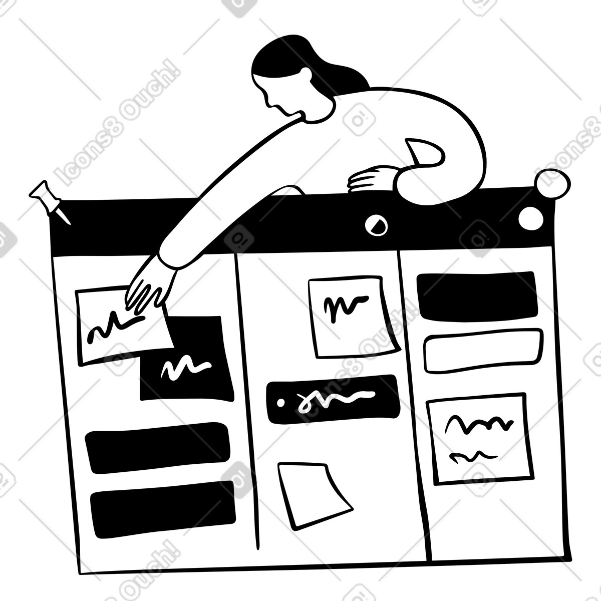 Ilustração de Team member organizing Kanban board cards, Task management and workflow improvement em PNG e SVG