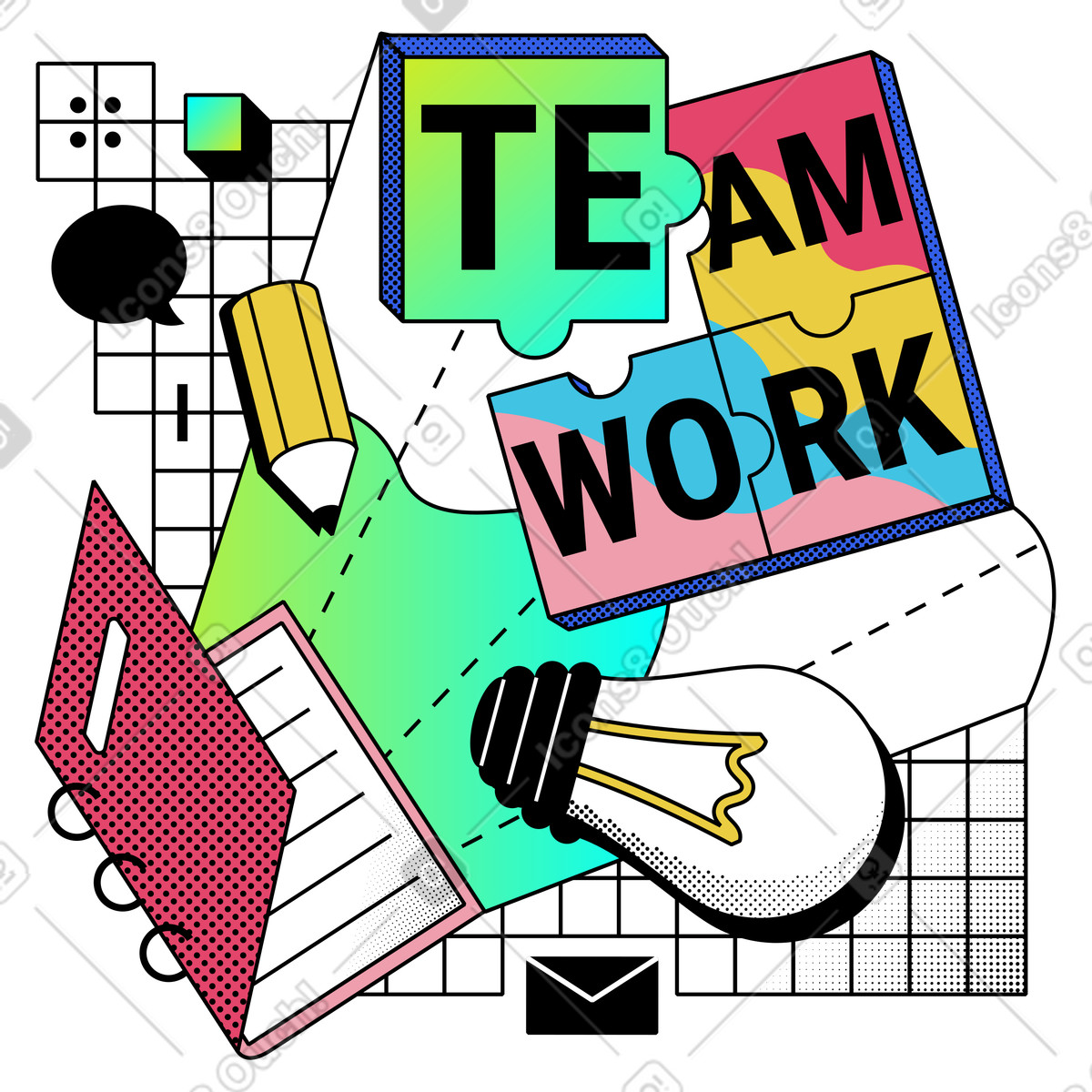 Ilustración Lluvia de ideas, innovación, creatividad y trabajo en equipo estilo Memphis a descargar PNG SVG