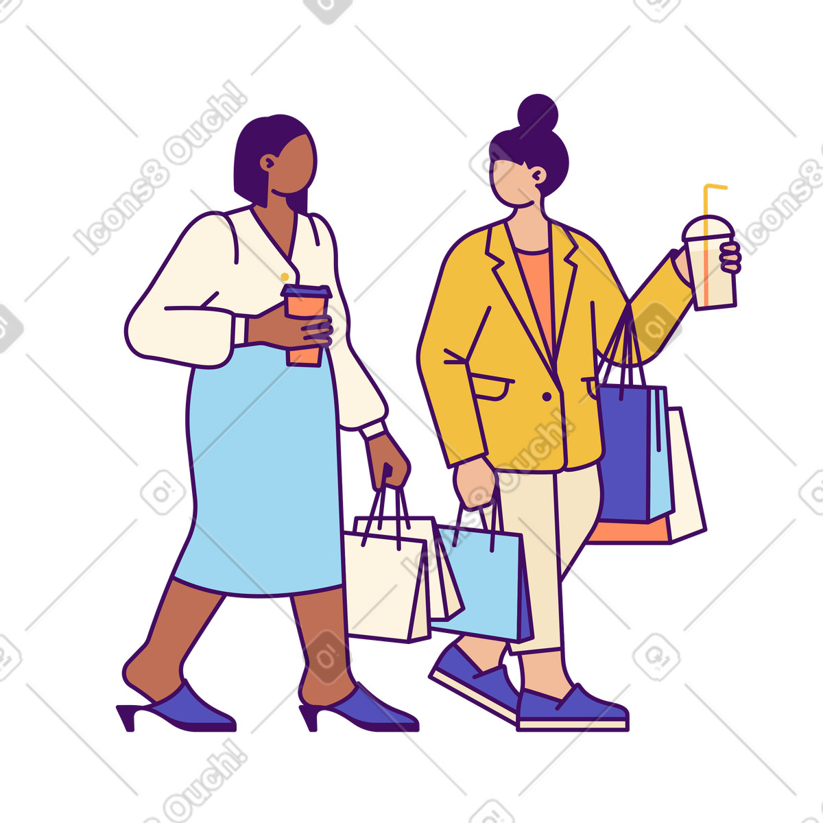 Shopoholics walking with coffee and shopping bags, Urban lifestyle retail therapy illustration in Simplistic style download in PNG, SVG
