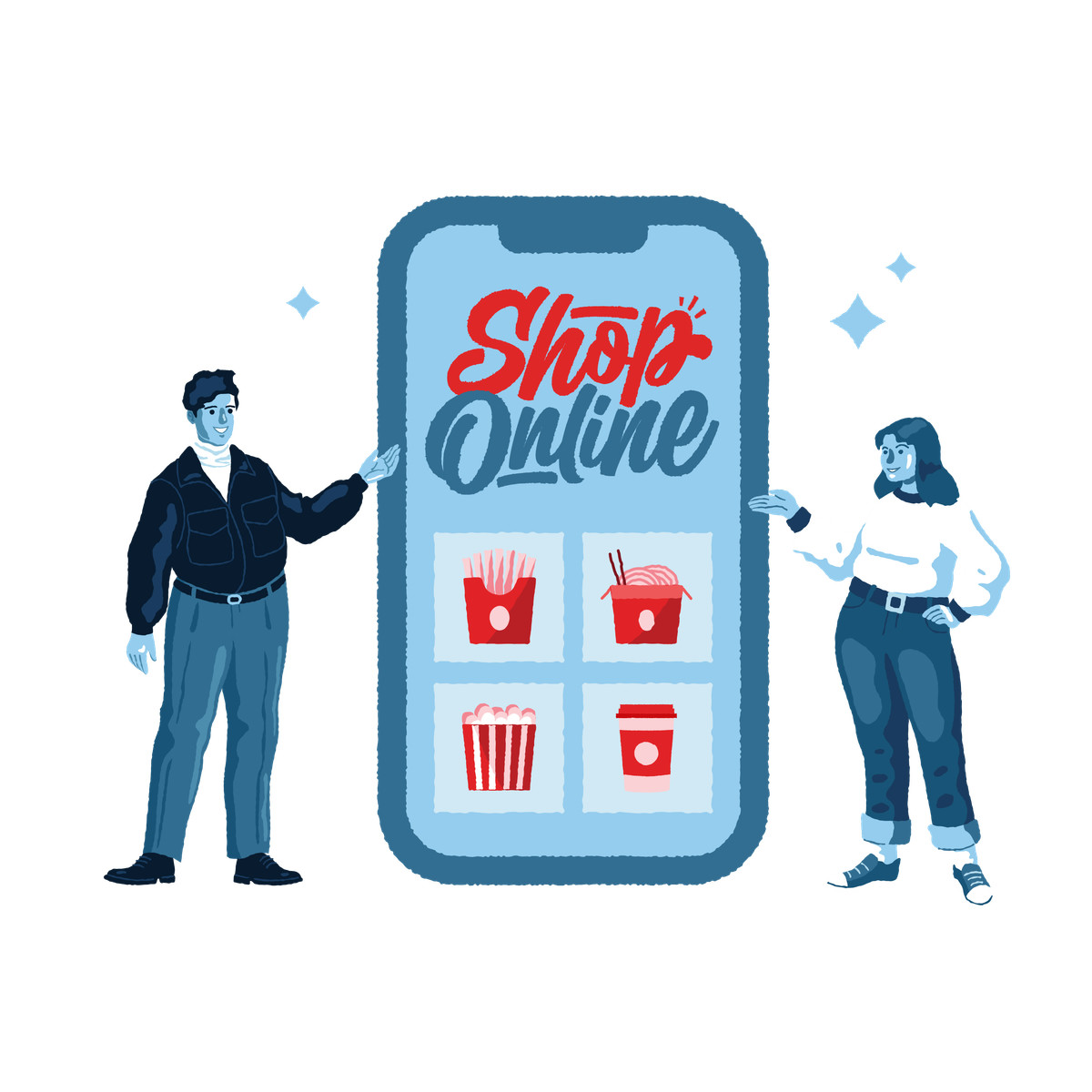 Man and woman ordering food online with smartphone illustration in PNG, SVG