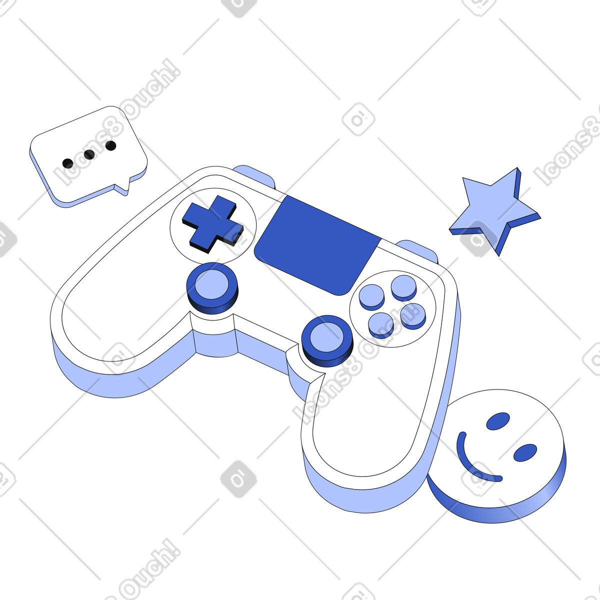 Ilustração de Gamepad e carinha sorridente, balão fala estrela ao seu redor em no estilo Techny para baixar em PNG, SVG