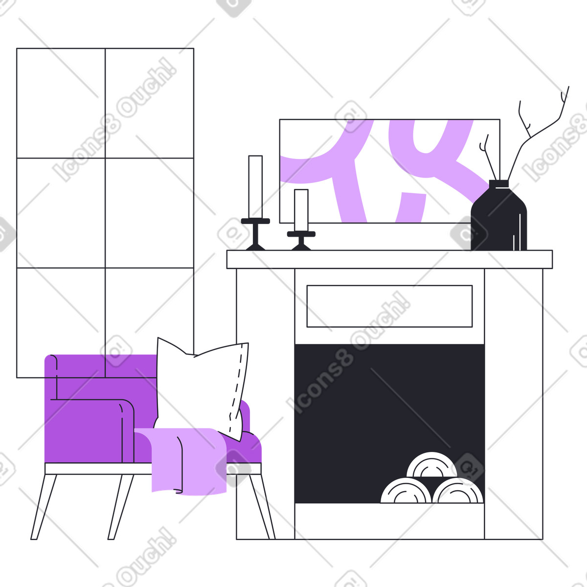 Zimmer mit kamin-Illustration im Grapy-Stil als Download in PNG, SVG