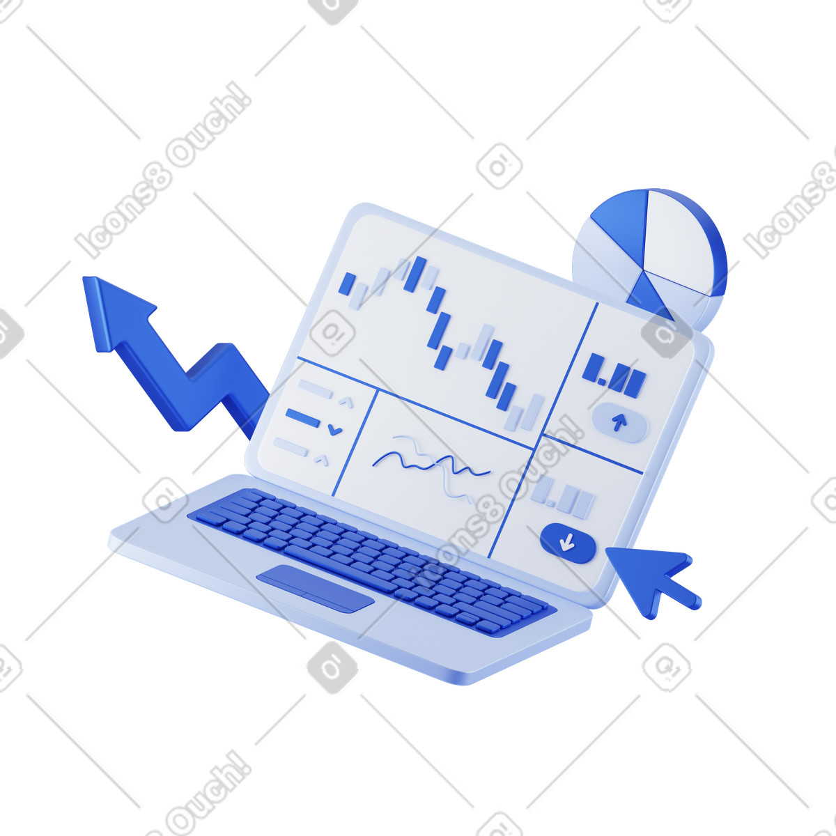 Ilustración animada Laptop screen with analytics dashboard, Stock trading and online investing en estilo 3D Techny a descargar en GIF, Lottie (JSON), AE