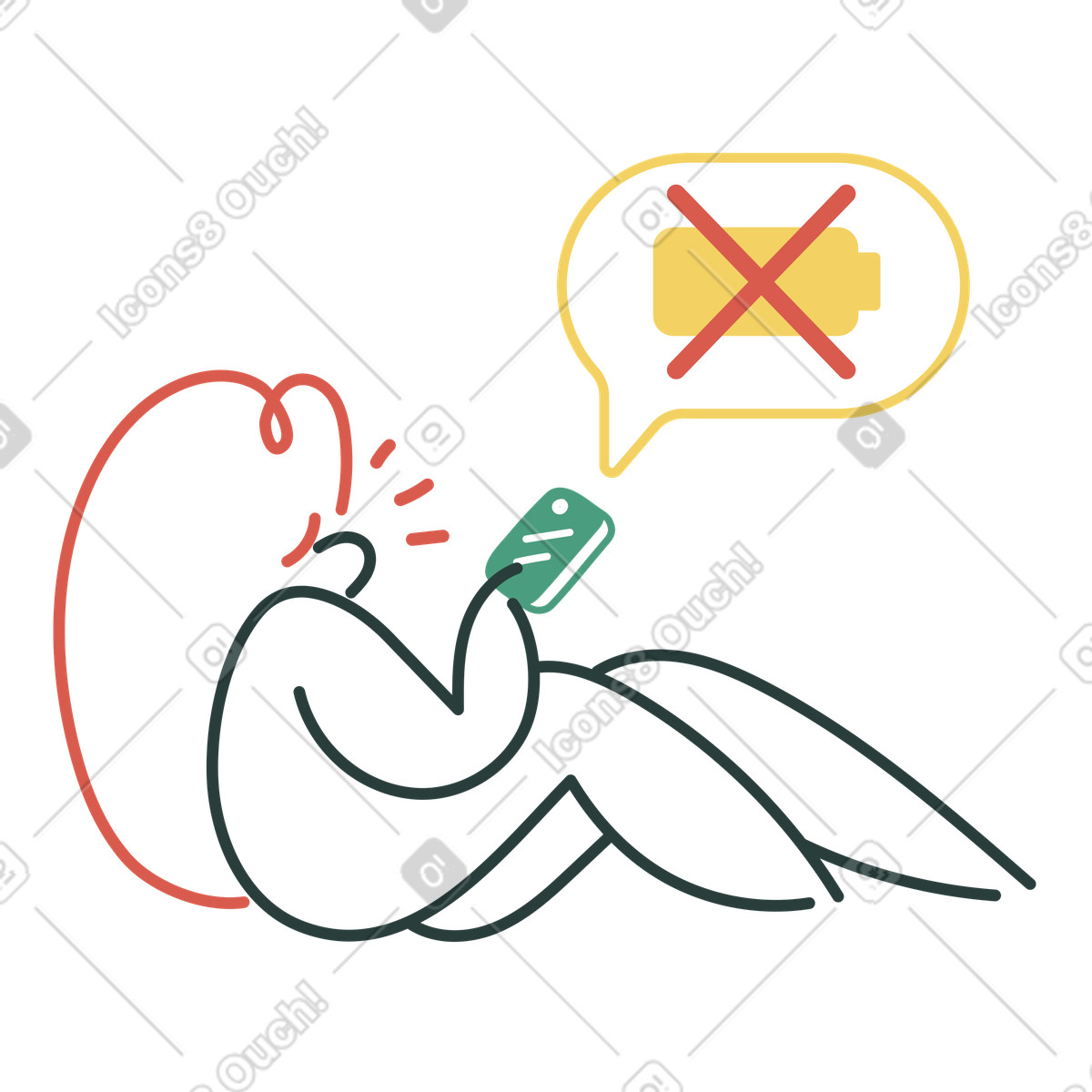 Woman has no charge on phone illustration in Macaroni style download in PNG, SVG