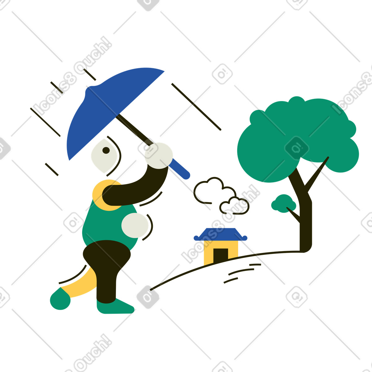 Ilustración Hombre caminando con paraguas bajo la lluvia en estilo Spot a descargar en PNG y SVG