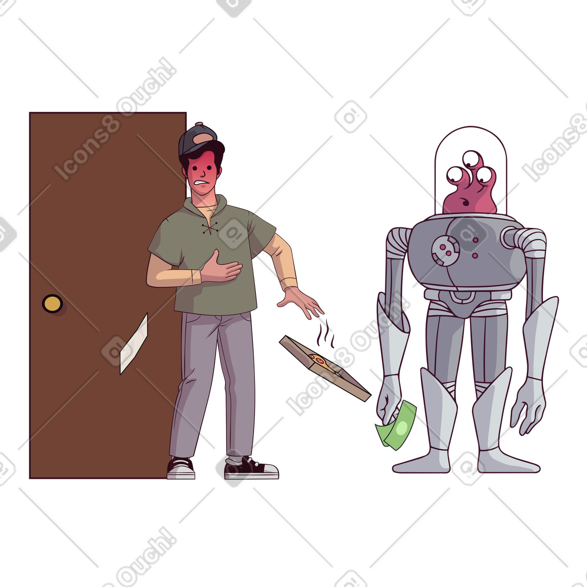 Ilustración Repartidor asustado por un extraterrestre en estilo Eastwood a descargar en PNG y SVG