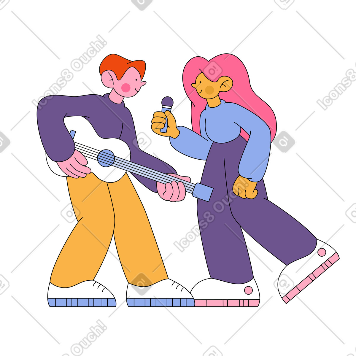 Un uomo con una chitarra e donna microfono che cantano illustrazione in stile Bloom scarica in PNG, SVG