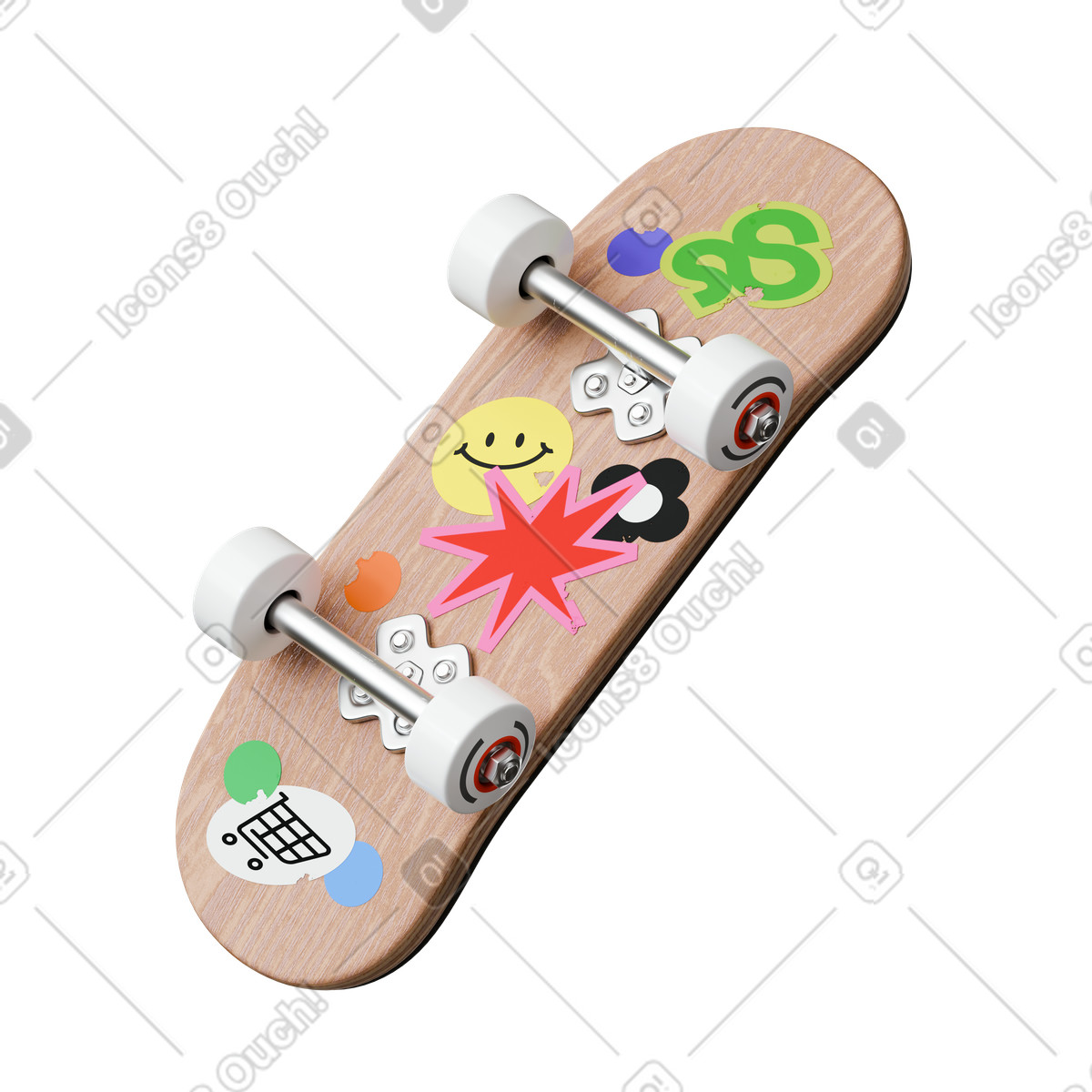 Illustration animée Planche à roulettes en bois avec autocollants colorés, personnalisation et culture urbaine dans le style 3D Stickle télécharger aux formats GIF, Lottie (JSON), AE