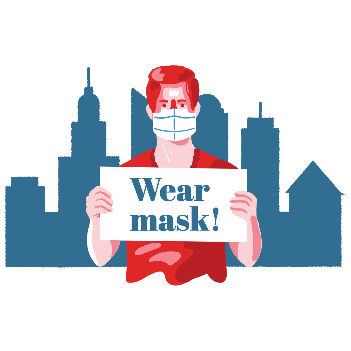 Ilustración Hombre sosteniendo un cartel que dice "¡use mascarilla!" en estilo Cherry a descargar en PNG y SVG