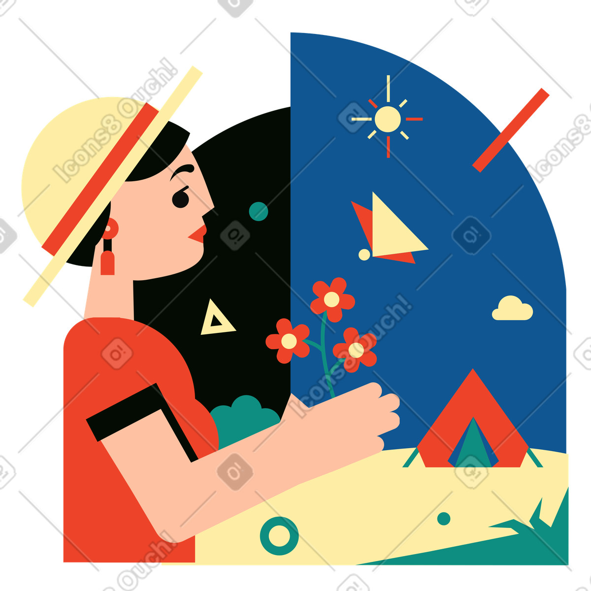 Illustration Femme cueillant des fleurs près du camping dans le style Polar à télécharger aux formats PNG, SVG