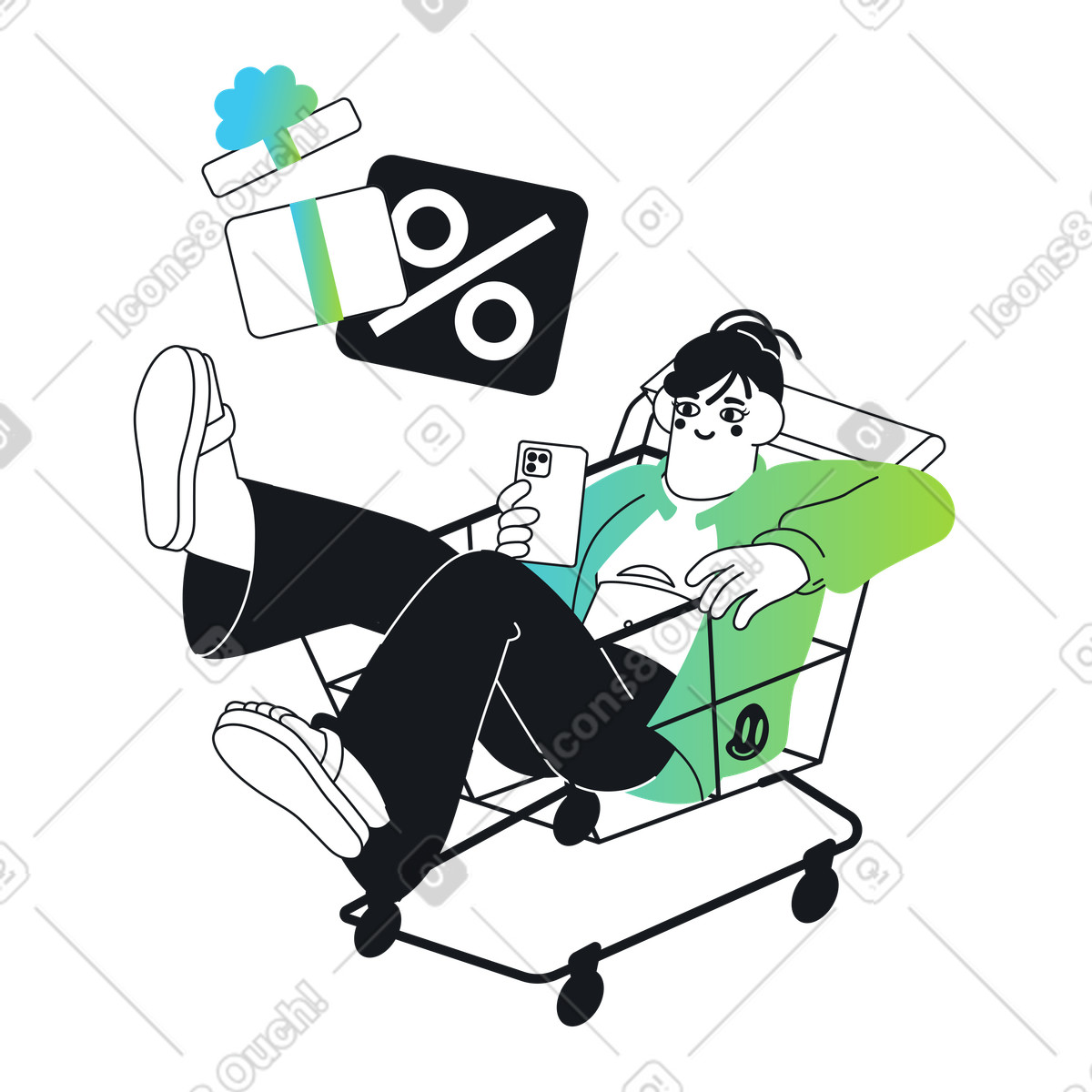 Ilustración Compras, mujer usando la aplicación de compras en estilo Breeze a descargar en PNG y SVG