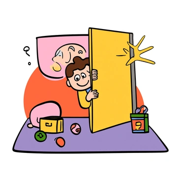 A mischievous baby with light skin and big eyes peeking around a corner. The baby has short, soft brown hair and a big grin that shows playful cheekiness. The corner is part of a brightly colored room with a soft, plush carpet and toys scattered nearby. Sunlight filters in, creating a warm and inviting atmosphere around the baby.