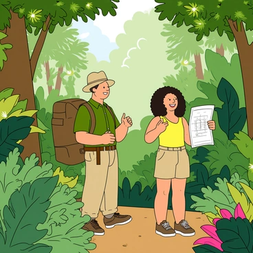 A vibrant jungle setting filled with lush green foliage and towering trees. Several explorers are making their way through the dense underbrush. One explorer is a tall man wearing a beige safari hat and a green shirt, carrying a large backpack. Beside him, a woman with curly hair is wearing a bright yellow tank top and khaki shorts, holding a map. They are surrounded by exotic plants with large leaves and colorful flowers. Sunlight is filtering through the branches, creating dappled patterns on the ground. The explorers appear excited and engaged, pointing towards various sights in the jungle.