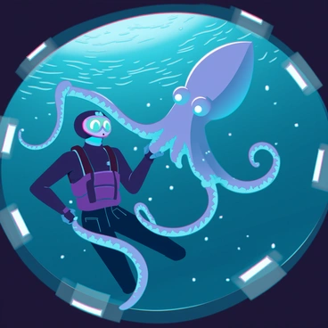 A deep-sea diver in a sleek, high-tech diving suit is illuminated by bright, surrounding lights. The diver has a focused expression, peering into the darkness of the ocean depths. Floating in front of the diver is a giant squid, its massive body undulating gracefully through the water. The squid has large, expressive eyes that reflect the diver's lights. Its long tentacles swirl around, showcasing the intricate patterns on its skin. The surrounding water is a deep blue, filled with scattered particles that catch the light, creating a mystical atmosphere.