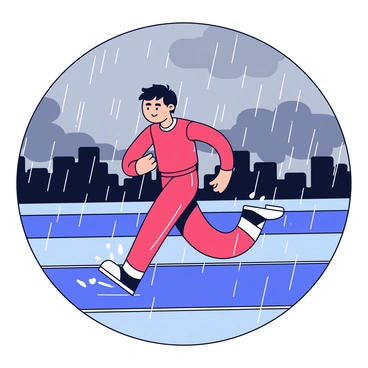 A runner wearing a bright red athletic outfit is swiftly navigating a rain-soaked track. The track is glossy with rain, reflecting the dark clouds overhead. Raindrops are visibly splashing around the runner's feet as they move quickly. The sky is filled with heavy gray clouds, indicating a stormy atmosphere. The runner has a focused expression, and their hair is slightly damp from the rain. The scene captures the dynamic motion of the runner against the dramatic backdrop.