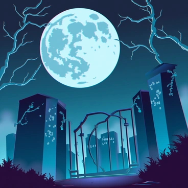 A dark graveyard with weathered and overgrown tombstones, some partially obscured by twisting vines and moss. The full moon casts a silvery light, illuminating the scene and creating shadows that stretch across the ground. Gnarled trees with bare branches loom in the background, their silhouettes stark against the night sky. A thick fog hovers close to the ground, adding an eerie layer to the atmosphere. In the foreground, an old wrought iron gate is slightly ajar, hinting at secrets held within.