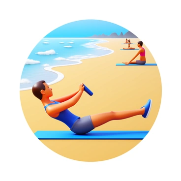 A person performing leg extensions on a towel at the beach. The scene includes a sandy beach with gentle waves crashing nearby. The individual is focused on their exercise, wearing fitness apparel. The towel is brightly colored and spread out on the sand. In the background, there are hints of a clear blue sky and more beachgoers enjoying the day. The atmosphere conveys an active and lively beach environment.