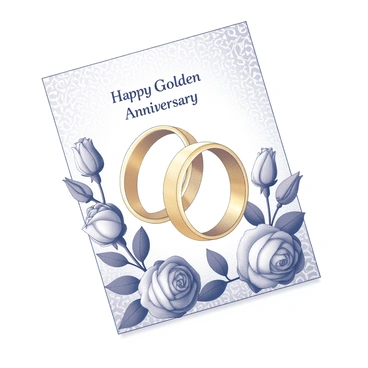 A greeting card designed for a "golden anniversary" celebration. The card features two intertwined gold rings prominently displayed in the center. Surrounding the rings are delicate roses in full bloom, adding elegance to the composition. The background of the card is adorned with subtle, intricate patterns that enhance the overall design without overpowering the central elements. The text on the card reads "Happy Golden Anniversary" in a graceful font, positioned above the rings and roses.