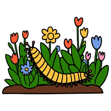 A centipede with segmented body and numerous legs crawling through a vibrant garden filled with colorful flowers. The flowers have a variety of hues, including red, yellow, blue, and pink, with some blooming fully while others are still buds. The garden is lush with green leaves and stems, creating a rich backdrop for the centipede's exploration. The sunlight casts gentle shadows, highlighting the intricate patterns on the centipede's body as it moves gracefully among the plants.