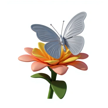 A delicate metallic butterfly with intricate patterns on its wings, showcasing a shimmering blend of silver and blue hues. The butterfly is perched gracefully on a blooming flower with vibrant petals in shades of pink and yellow. The flower has a green stem and lush leaves surrounding it. Sunlight glistens off the butterfly's surface, highlighting its delicate features and the texture of the petals beneath it.