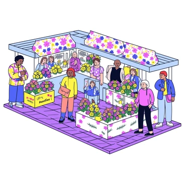 A bustling flower market filled with colorful flower arrangements displayed in various stalls. Each vendor showcases vibrant flower-themed fashion items, such as dresses adorned with floral patterns and accessories featuring bright blooms. People of different ages browse the stalls, admiring the lively atmosphere created by the abundance of flowers and fashion. The ground is paved with bricks, adding to the charm of the market.