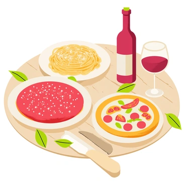 A wooden table set with an assortment of Italian dishes. A large plate of spaghetti topped with rich tomato sauce and sprinkled with grated Parmesan cheese sits at the center. Next to it, there is a round pizza with a golden crust, topped with melted mozzarella cheese, vibrant bell peppers, and slices of pepperoni. A bottle of deep red wine is positioned beside the dishes, with an elegant wine glass filled next to it. Fresh basil leaves are scattered artistically around the table, adding a touch of green to the spread.