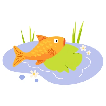 A vibrant orange fish with shimmering scales is playfully swimming around a green lily pad in a clear pond. The lily pad has broad, rounded leaves, and delicate white flowers are blooming on top. Ripples spread across the surface of the water as the fish moves, creating a peaceful, dynamic scene. Small pebbles can be seen at the bottom of the pond, and a few slender reeds rise along the edge, adding to the natural surroundings.