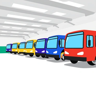A row of colorful buses parked neatly inside a spacious, well-lit garage. The buses are arranged in a straight line, showcasing a variety of designs, including bright yellow, deep blue, and vibrant red. Each bus has large windows and bold numbers displayed on the sides. The garage features high ceilings with exposed beams, and the concrete floor is clean and shiny. Soft light filters in from overhead fixtures, illuminating the buses and casting gentle shadows on the ground. A few tools and maintenance equipment are visible along the walls, adding to the organized atmosphere of the garage.