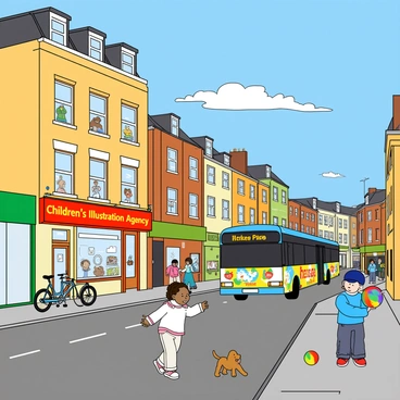 A lively UK city street filled with colorful buildings and busy pedestrians. In the foreground, there is a tall and cheerful building marked with a bright sign that reads "Children's Illustration Agency" in playful fonts. The windows of the building are adorned with colorful drawings and cartoon characters. Children can be seen playing on the sidewalk, a little girl with pigtails chasing a puppy, while a boy with a blue cap holds a colorful ball. Several bicycles are parked along the street, and a bus passes by, its side painted with lively illustrations. The sky is a clear blue, and a few fluffy clouds float above the bustling scene.